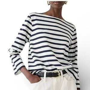 J Crew classic cotton navy/white striped boat neck long sleeved top size M